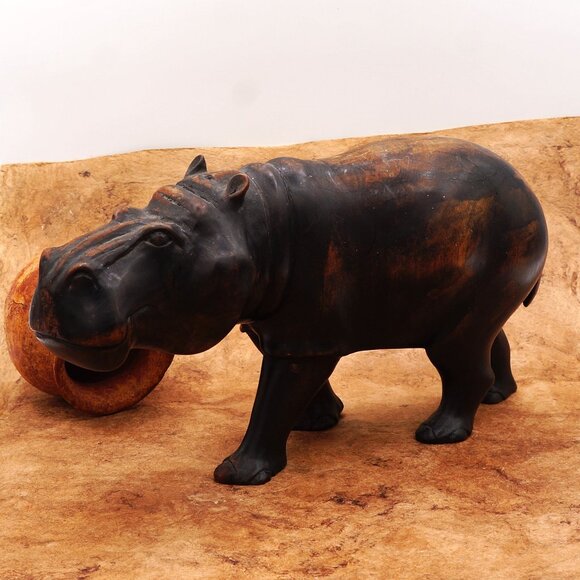 Vintage Walking Hippopotamus Solid Wood Hand Carved Sculpture Medium Size Signed